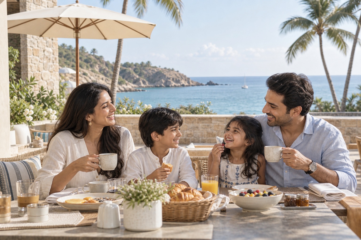 AI-created holiday inspiration: a family enjoying breakfast together on a coastal terrace