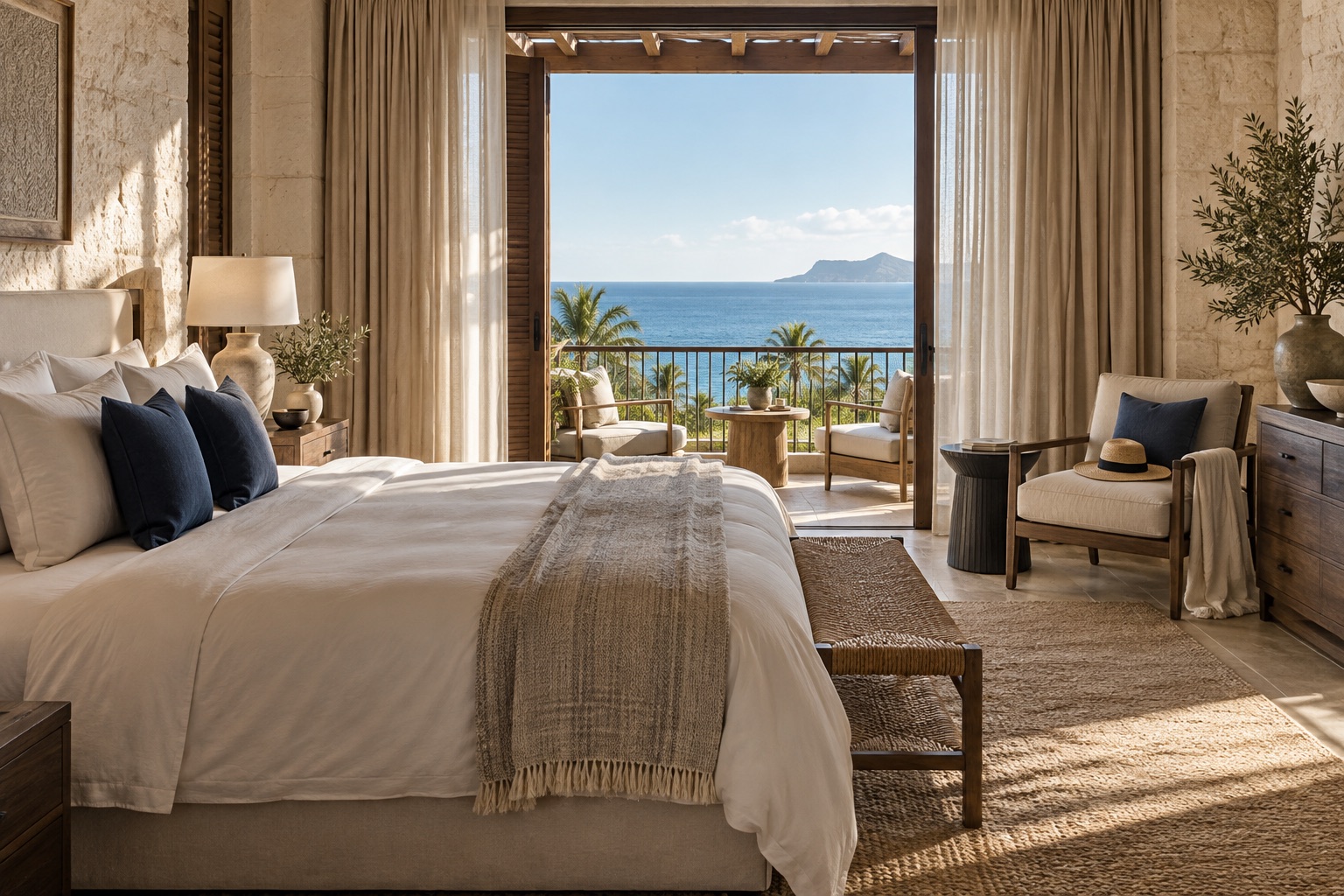 AI-created stay inspiration: a sunlit bedroom opening onto a sea-view balcony